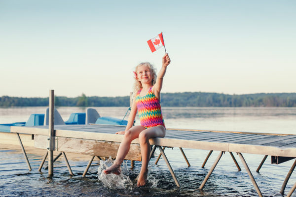 Happy,Caucasian,Girl,Sitting,On,Dock,Pier,By,Lake,And